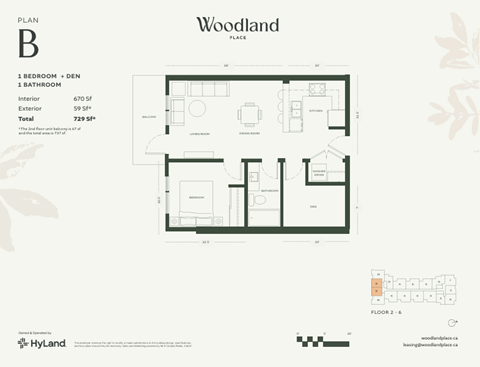 Floor plan for 1 bed, 1 bath, 670 sqft